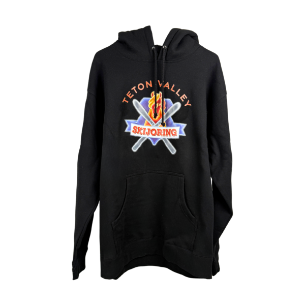 Black hooded sweatshirt featuring a large full-color Teton Valley Skijoring logo on the front