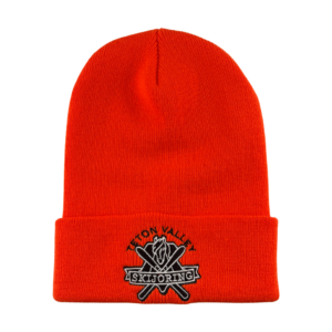 Hunter's orange fold-up beanie with a black & white embroidered logo on the front for Teton Valley Skijoring