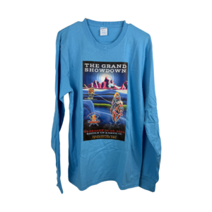 Light blue long-sleeved unisex t-shirt with the 2024 event poster and artwork for the Teton Valley Skijoring Granad Showdown on the front