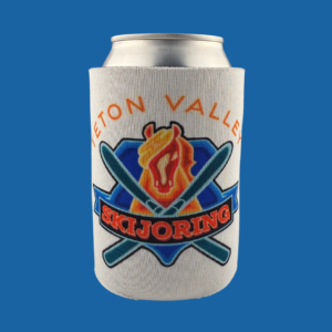 White coozie with a full-color Teton Valley Skijoring logo