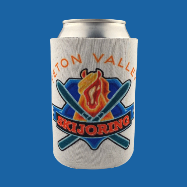 White coozie with a full-color Teton Valley Skijoring logo