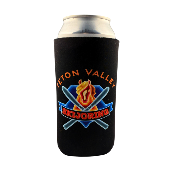 Black coozie featuring a full-color Teton Valley Skijoring logo