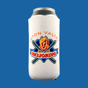 Tall white coozie featuring a full-color Teton Valley Skijoring logo