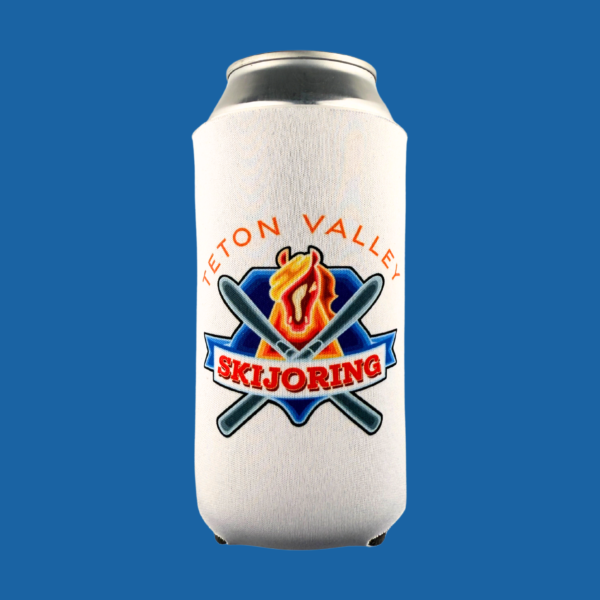 Tall white coozie featuring a full-color Teton Valley Skijoring logo